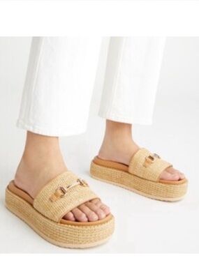 STEVE MADDEN KAYLEY PLATFORM HORSE BIT NATURAL RAFFIA SLIDES SANDALS NEW! Sz9